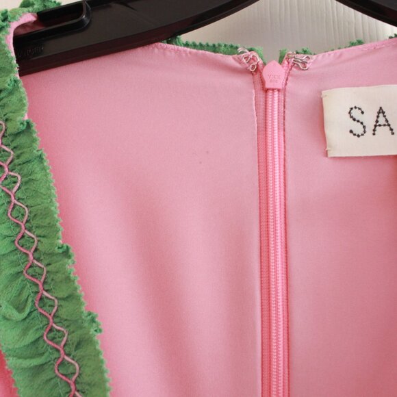 SALONI Lea Color-block Ruffled Smocked Crepe Maxi Dress Pink Green - Picture 6 of 12